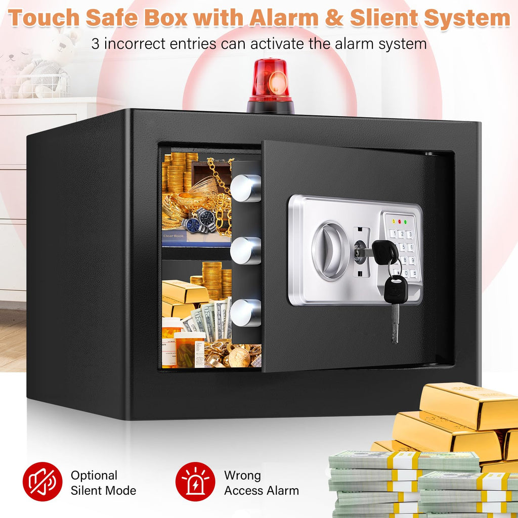 Mejasg Feuerfester Safe mit Geldbeutel, feuerfest, klein, elektrisch, mit abnehmbarem Regal und Alarmmodus, Wandtresor für Schmuck, Geld, Dokumente, Medikamente