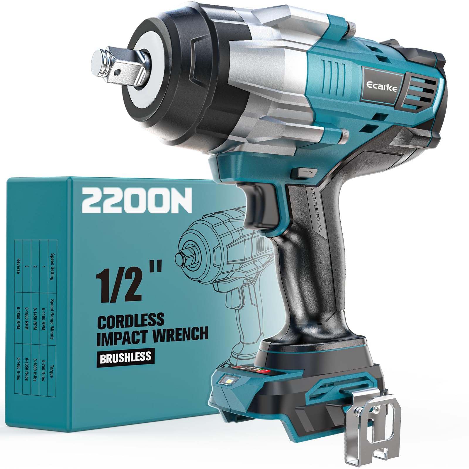 Ecarke Akku-Schlagschrauber 2200 Nm – Kompatibel mit Makita 18V Akku, 1/2" Bürstenloser Drehschlagschrauber mit LED-Licht für Automobile und Schwerer Maschinenreparatur – Ohne akku