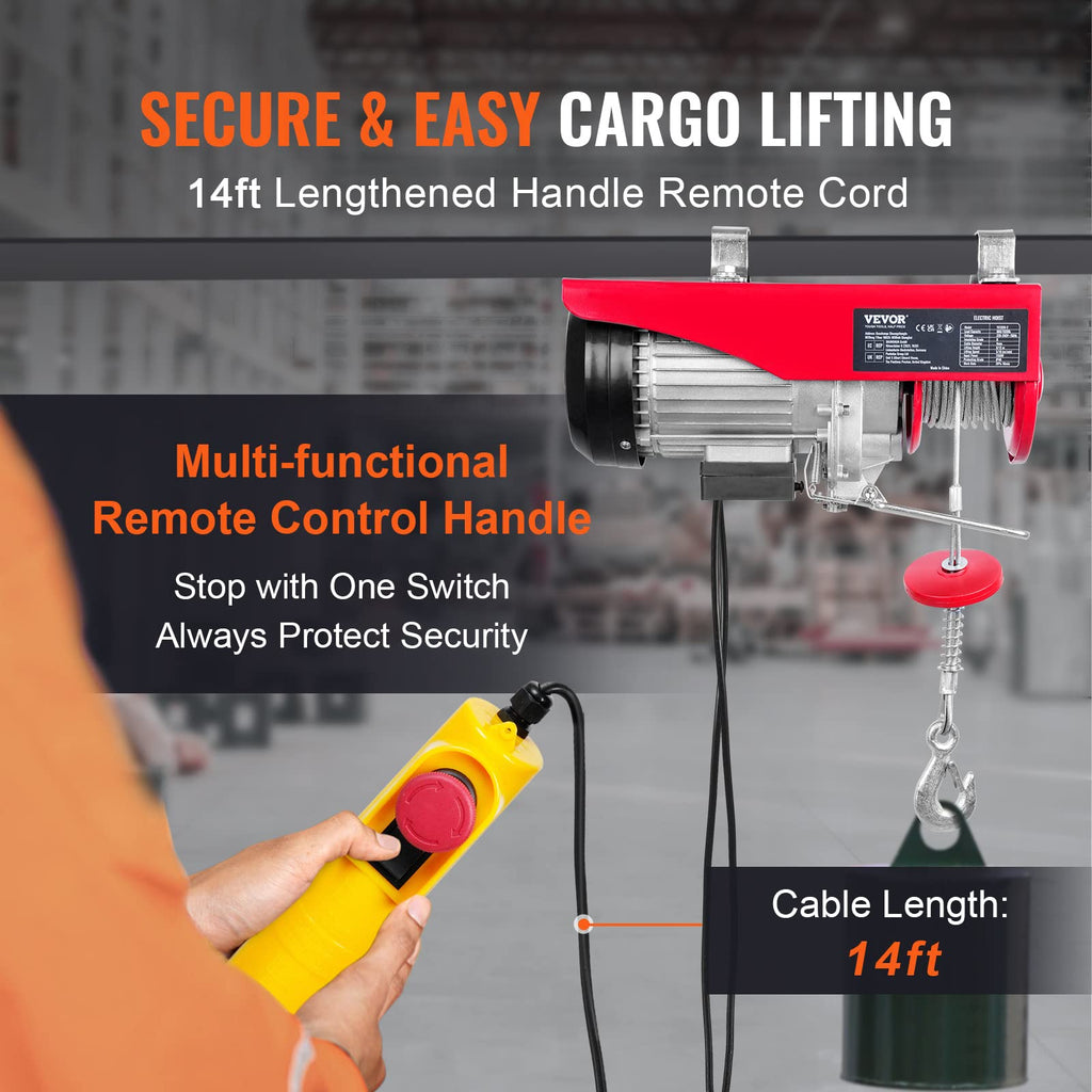 VEVOR elektrische Seilwinde 300kg bis 600kg Hubhöhe 12m Seilzug Motorwinde 1150W Kupfermotor Flaschenzug 10m/min Hubgeschwindigkeit Hebezug mit Kabelfernbedienung Seilhebezug Kettenzug