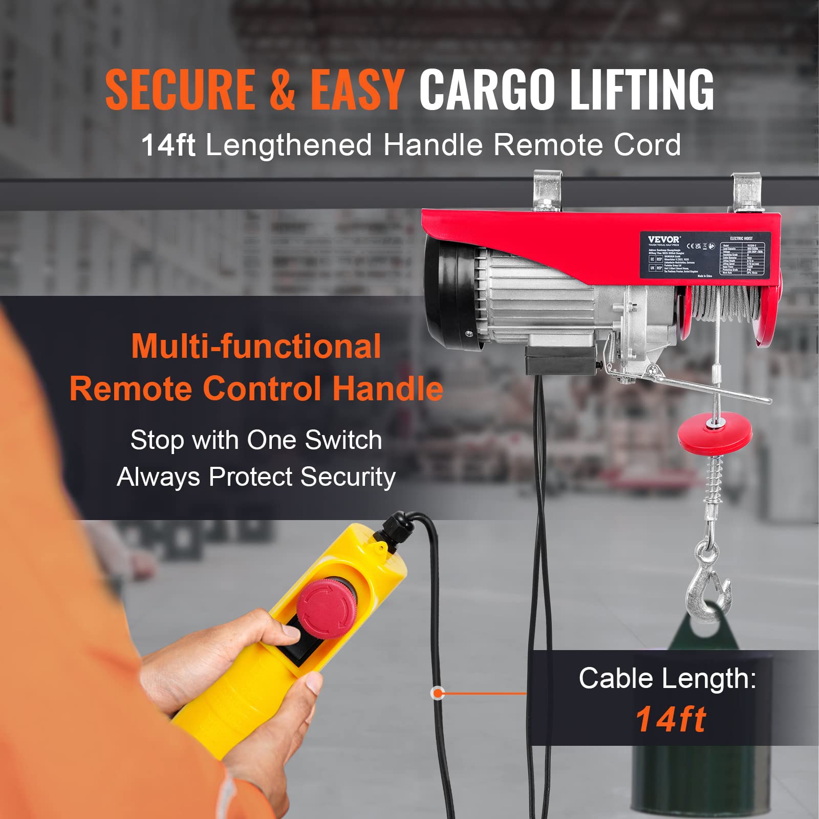 VEVOR elektrische Seilwinde 300kg bis 600kg Hubhöhe 12m Seilzug Motorwinde 1150W Kupfermotor Flaschenzug 10m/min Hubgeschwindigkeit Hebezug mit Kabelfernbedienung Seilhebezug Kettenzug