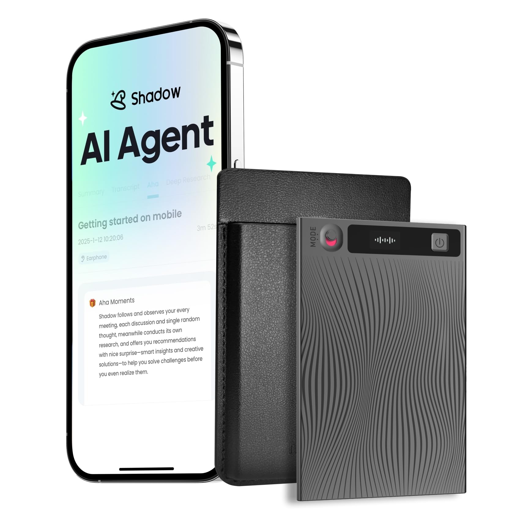 Mobvoi TicNote KI Digitales Diktiergerät, 64 GB Speicher, Notizrekorder mit Hülle, App-Steuerung, über 100 Sprachen, Transkribieren, Zusammenfassen mit AI Shadow,digitaler Audiorekorder Sprachrekorder