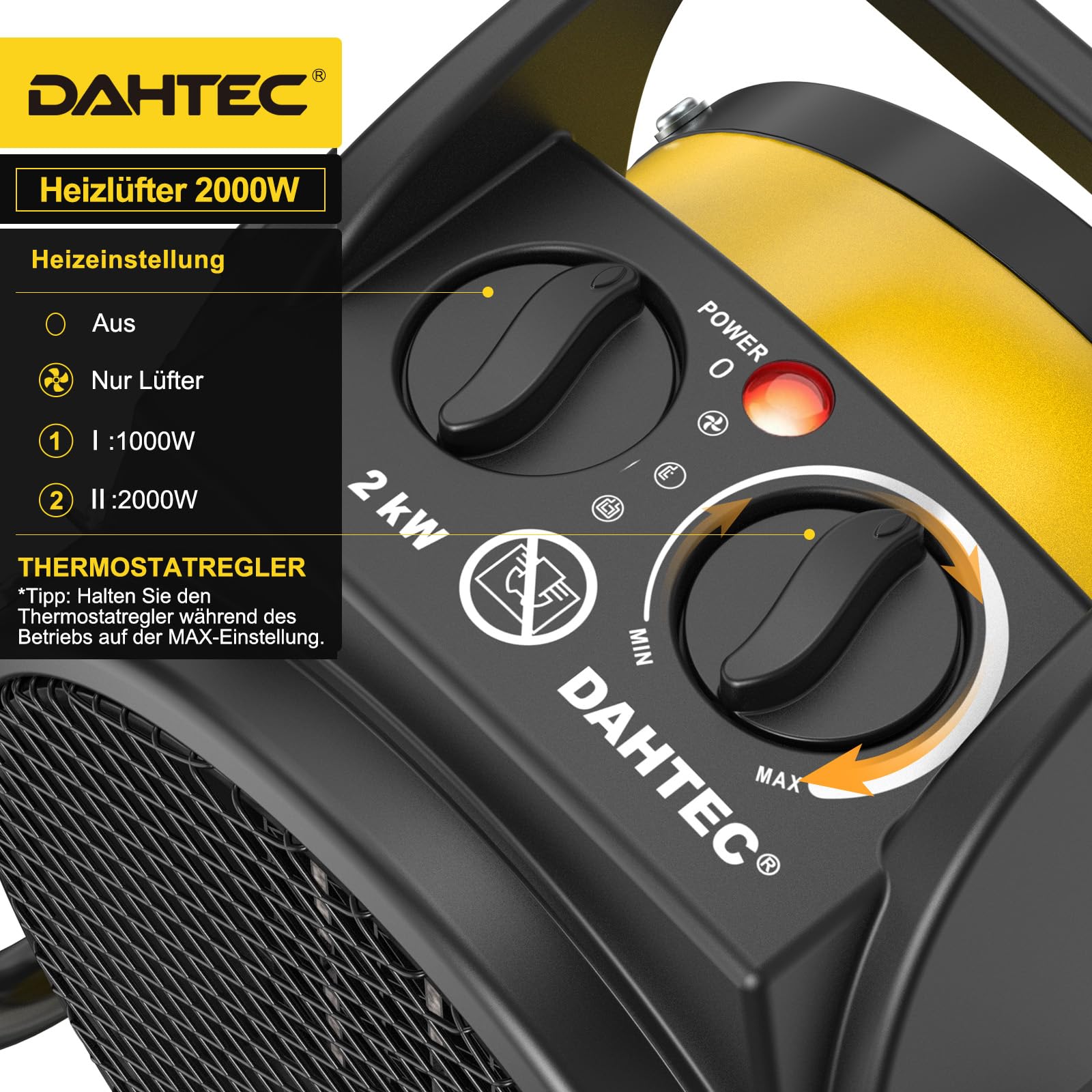 DAHTEC Heizlüfter 2000 Watt Keramik Heizstrahler Elektroheizer Bauheizer Bautrockner mit Thermostat Heizgerät mit 3 Heizstufen für Baustellen, Hausgebrauch, Werkstatt,Garage