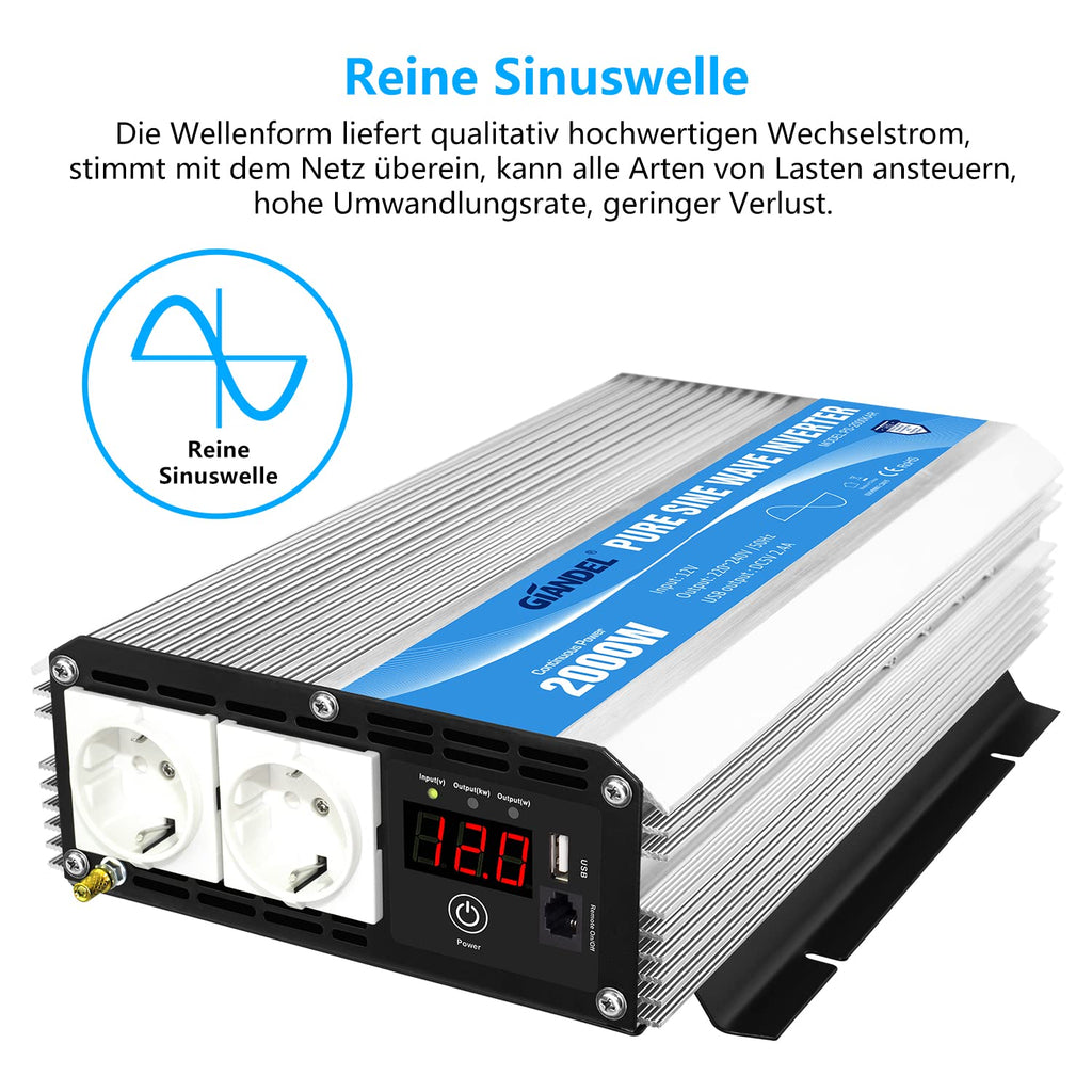 GIANDEL 2000W Wechselrichter 12V auf 230V Reiner Sinus Spannungswandler Kompatibel Lithium-Batterie, Für Wohnmobil, LKW, Zuhause, Off-Grid Solarstrom Umwandler-Inverter mit LED-Anzeige