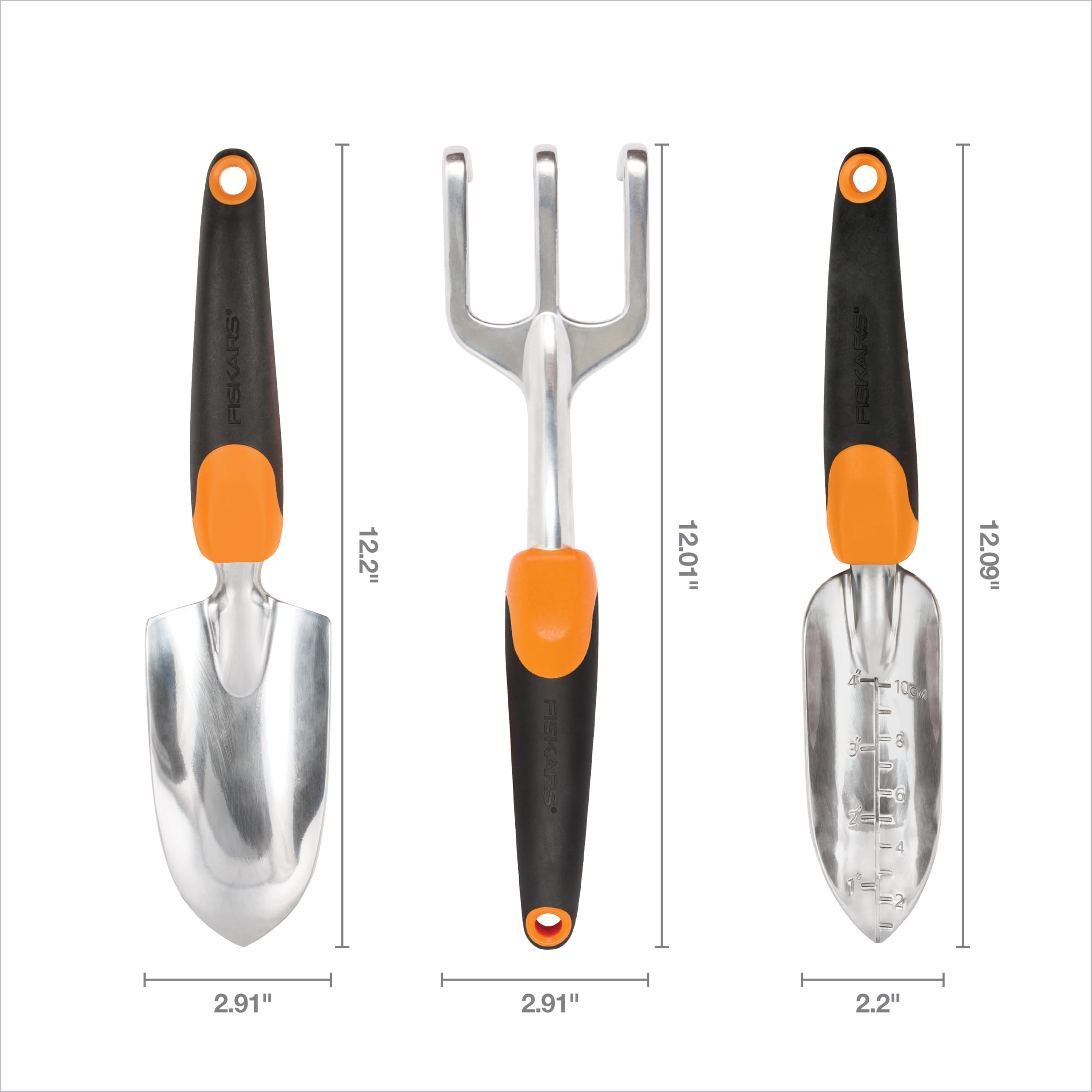 Fiskars Gartenwerkzeug-Set, 3 Stück, inklusive rostbeständiger Kelle, Pflanzgefäß und Kultivator, Gartengeräte für die Bepflanzung im Freien, ergonomisches Hofwerkzeug-Set – Gartengeschenke für Frauen