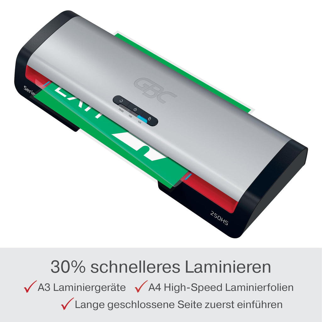 GBC 250HS Office A3 Laminiergerät - High Speed Laminieren, schnelle Aufwärmzeit von 1 Min, 75-125 Mikron, Anti-Stau, Auto-Abschaltung, inkl. 5x A4-Laminierfolien, Schwarz/Rot, 4410071EU