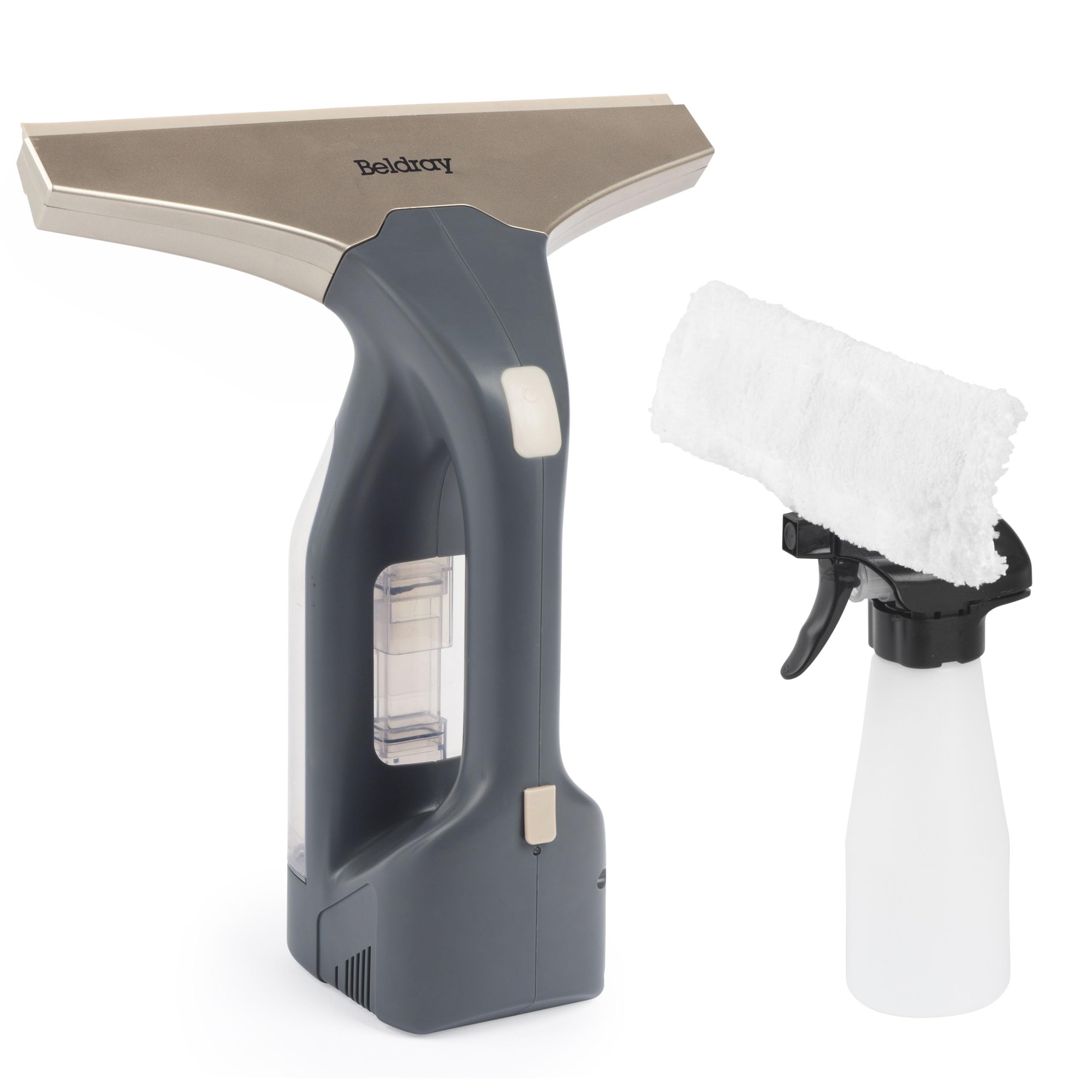 Beldray Akku-Fenstersauger+ – Handheld & wiederaufladbar, streifenfreie Reinigung, Spiegel- und Glasreinigung, 100 ml Abnehmbarer Wassertank, inklusive Sprühflasche und Wischpad, Titan, BEL01985VDE