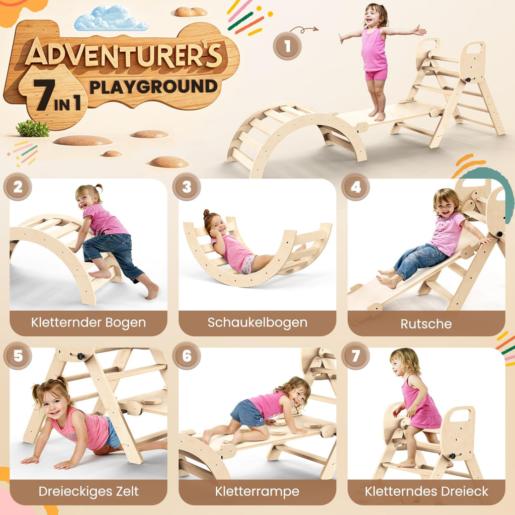 Woodure 7-in-1 Montessori Klettergerüst Indoor Set, Verformbares Kletterdreieck mit Rutsche & Kletterbogen, Hölzernes Pikler Dreieck zum Baby Klettern, Klettergerüst Montessori Spielzeug ab 1-6 Jahre