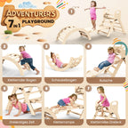 Woodure 7-in-1 Montessori Klettergerüst Indoor Set, Verformbares Kletterdreieck mit Rutsche & Kletterbogen, Hölzernes Pikler Dreieck zum Baby Klettern, Klettergerüst Montessori Spielzeug ab 1-6 Jahre