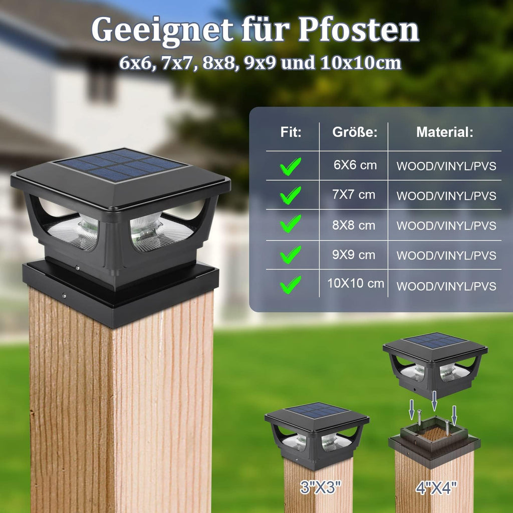 GEYUEYA Home 2pcs Solar Pfostenkappe 7x7 8x8 9x9 10x10, Pfostenleuchte Zaunpfosten Beleuchtung Pfostenlampen Außen Post Cap Light, IP65 für Pfosten, Zaun (Größe: 7.6 bis 10.1cm), Schwarz