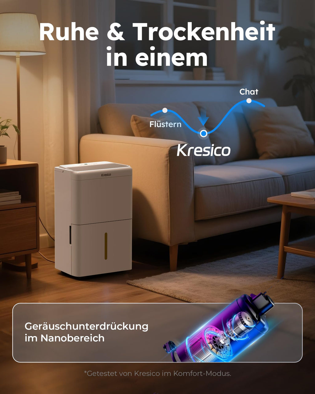 Kresico Luftentfeuchter elektrisch 20L, Entfeuchter elektrisch, Luftentfeuchter Keller für Räume bis zu 150m³/50m², Raumentfeuchter elektrisch 39dB mit Ablaufschlauch, Filter, Timer, 10 J. Gar.
