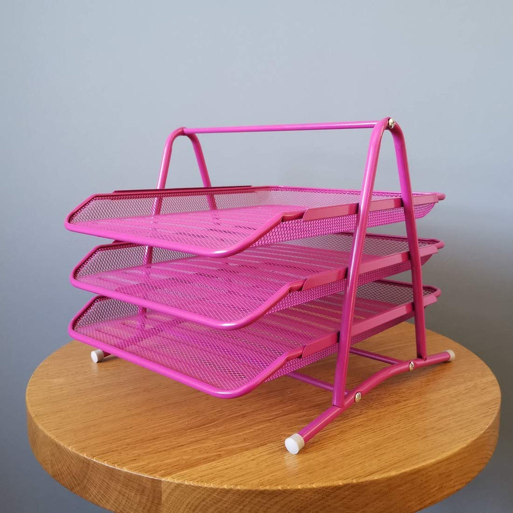 Leviatan Metall Ablage Ablagefächer | Büro Organizer Schreibtisch | Schubladen für Dokumente | 3 Schubfächer Briefablage Dokumentenablage A4 Organizer Mesh | Rosa