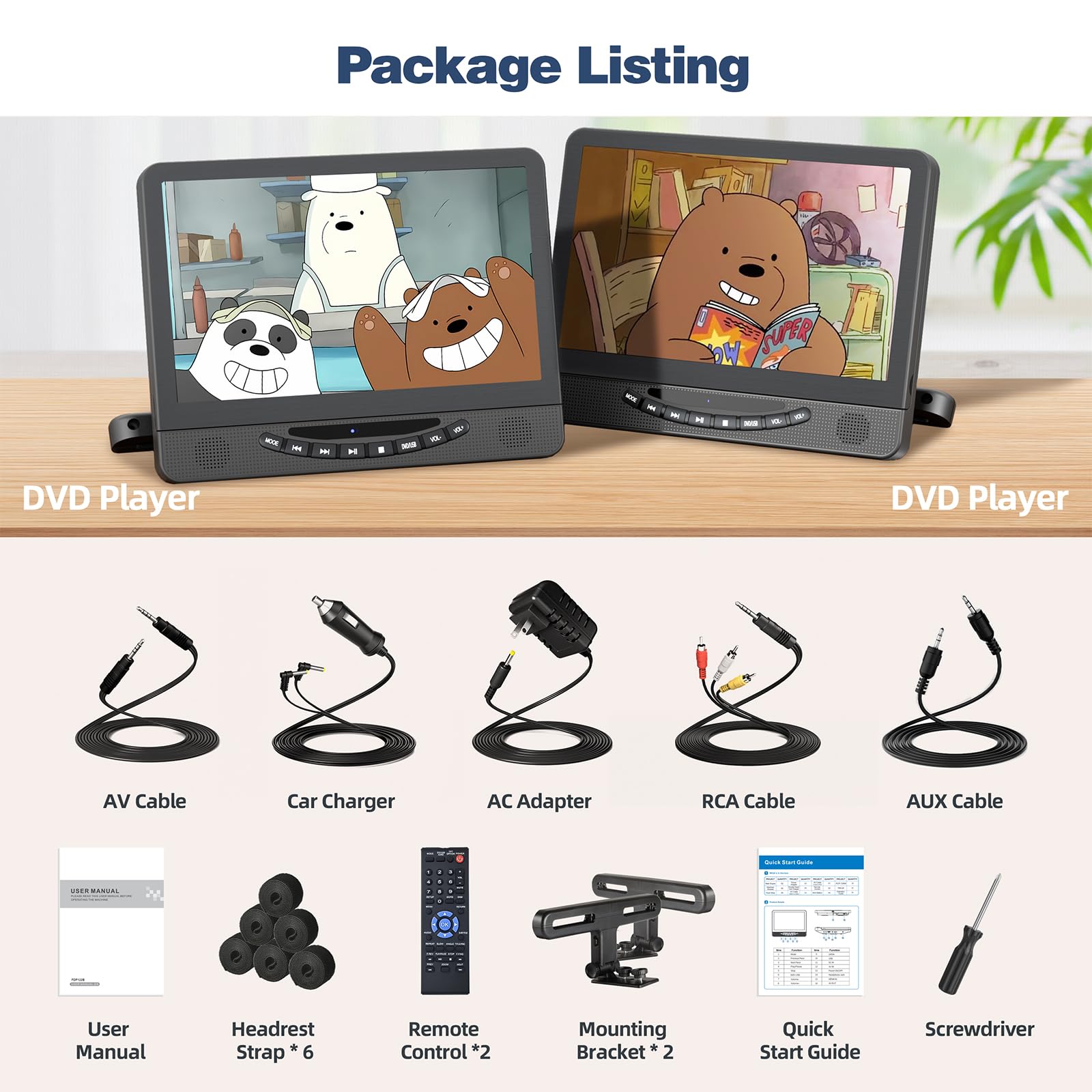DESOBRY DVD Player Auto 2 bildschirme 12" mit 1080P HDMI Eingang, Auto Fernseher Spielt Matisch Den Gleichen Oder Zwei Verschiedene Filme AB, 5 Stunden Wiederaufladbare Batterie, Unterstützung USB