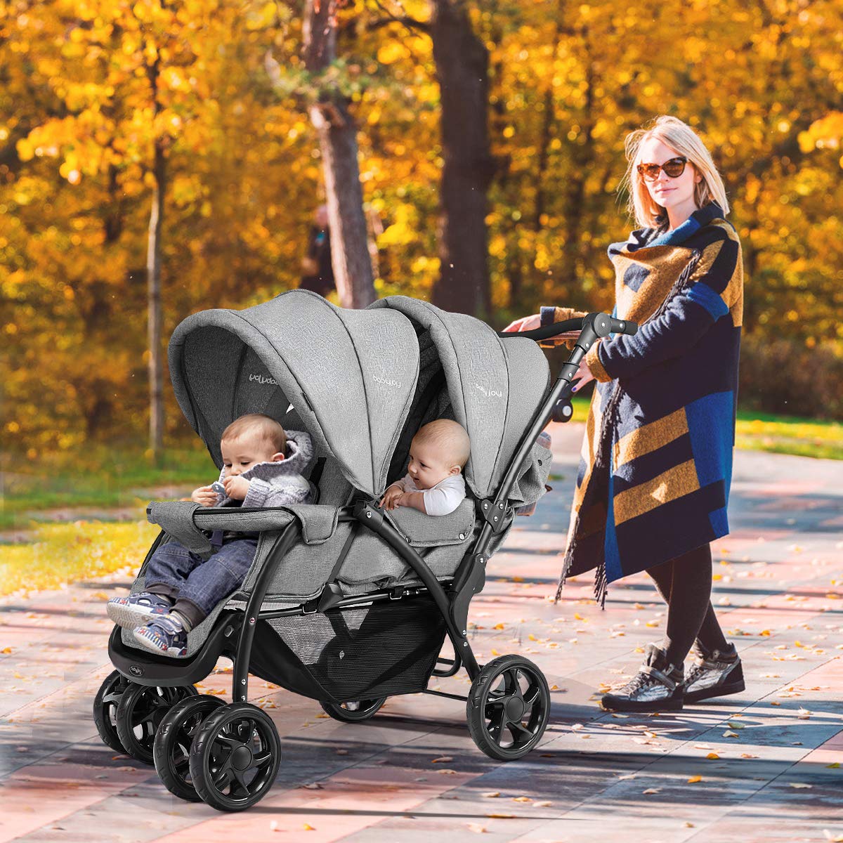 GOPLUS Geschwisterwagen Zwillingswagen, Kinderbuggy Klappbar, Buggy Zwilinge, Kinderwagen Babybuggy, Babywagen Grau, für Babys ab 6 Monate (Grau)