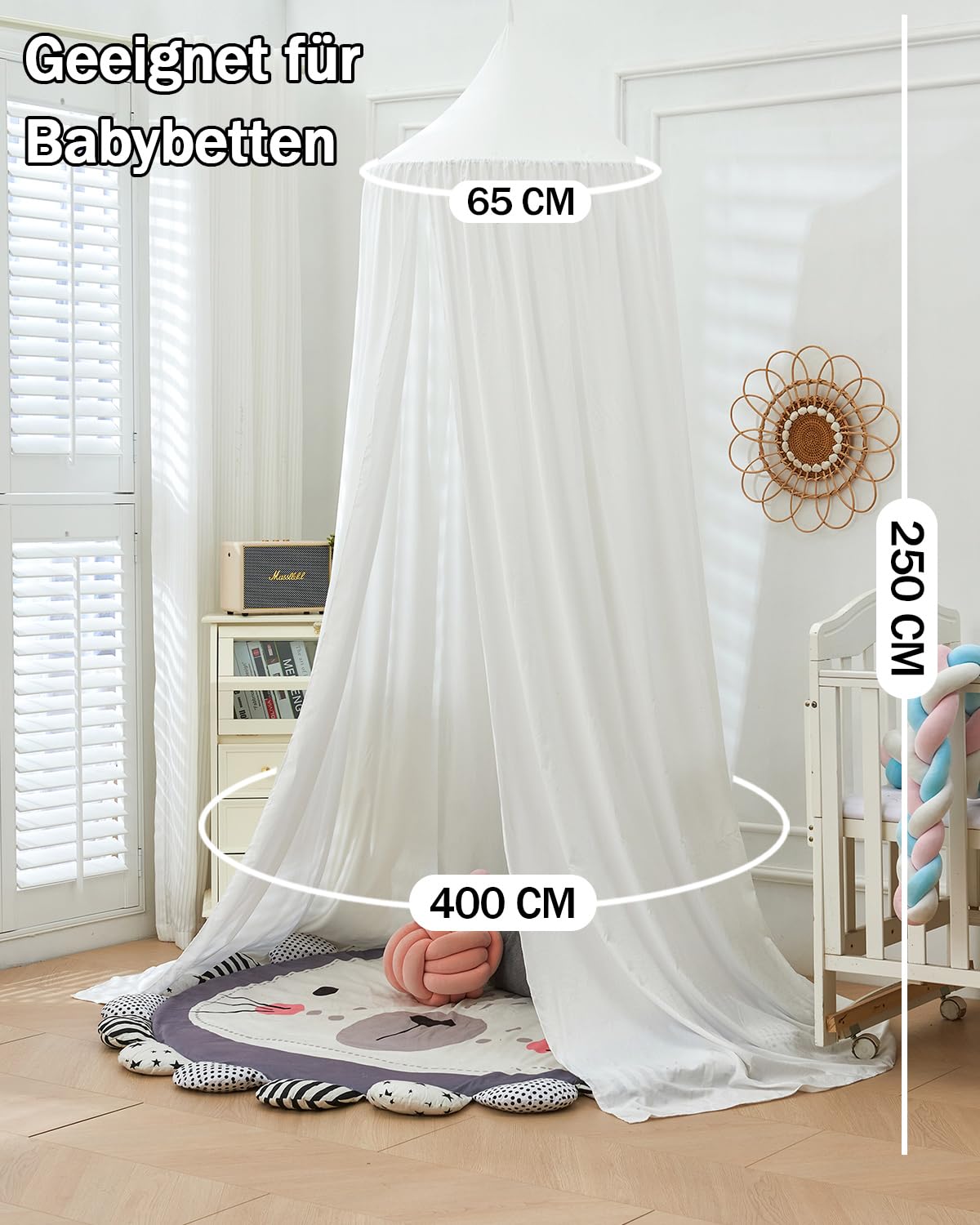 Surwin Moskitonetz Betthimmel Madchen Jungen Kinder Babybett, Rund Baldachin Mückennetz Einzelbett kinderzimmer Schlafzimmer Spiel für Reise Indoor Outdoor Dekoration - Weiß