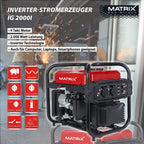 Matrix Notstromaggregat Benzin 2000 Watt Inverter Stromerzeuger Benzin Generator Stromaggregat tragbar Stromgenerator IG 2000i | 4 Takt | 2x230V | leicht 21,5kg Gewicht