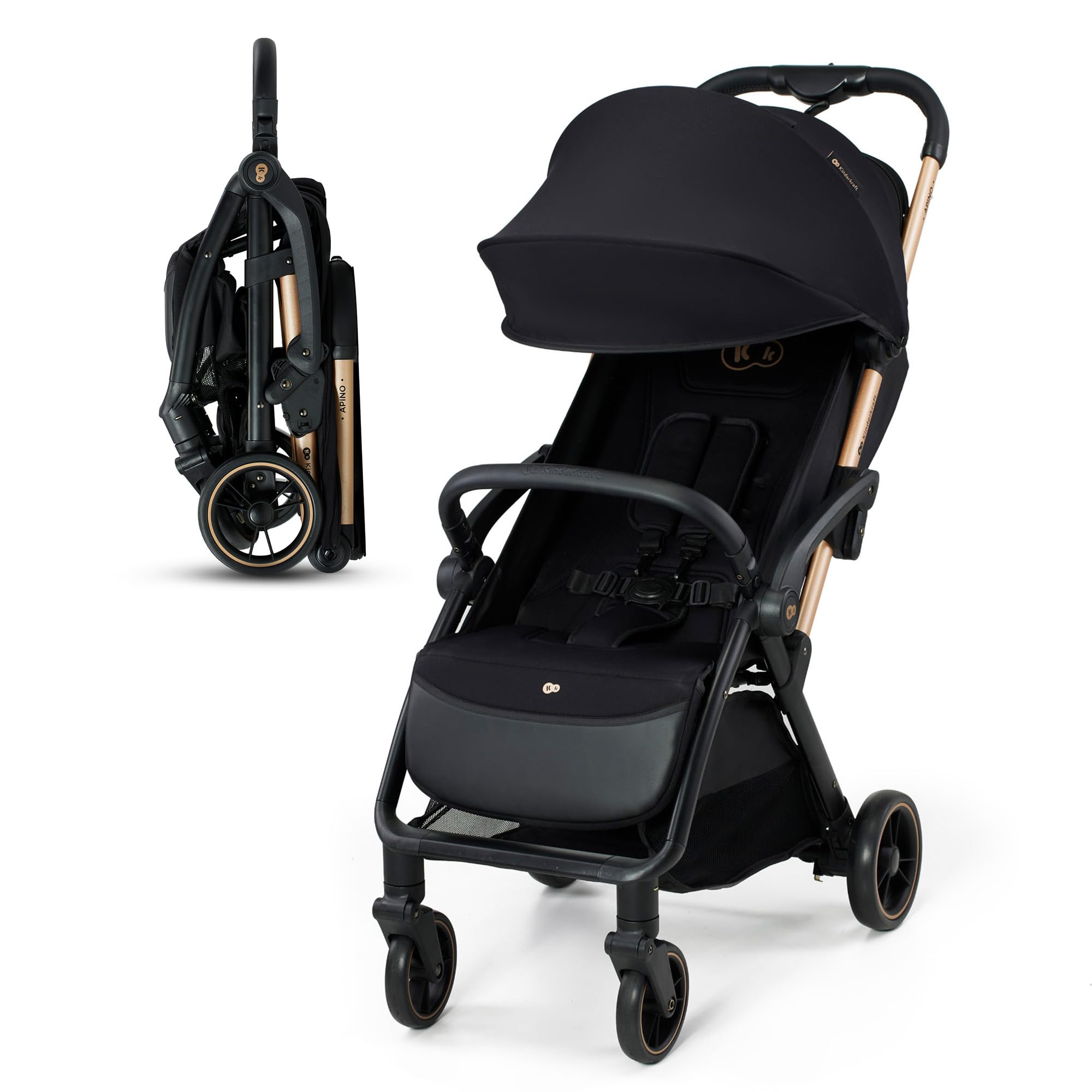 Kinderkraft APINO Buggy bis 22 kg, Liegebuggy, Kinderwagen, Leicht - 7,5kg, Automatisches zusammeklappen, Verstellbare Rückenlehne bis zur Liegeposition, ideal für Reisen, Schwarz
