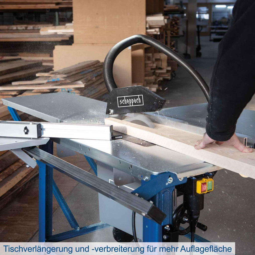 Scheppach Tischkreissäge TS310 | 230V Anschluss | 2200W Leistung | Sägeblatt Ø315mm | Schnitthöhe 83 mm | mit Tischverbreiterung, 2. Sägeblatt, Führungsschiene & Schiebeschlitten | schwenkbar bis 45°