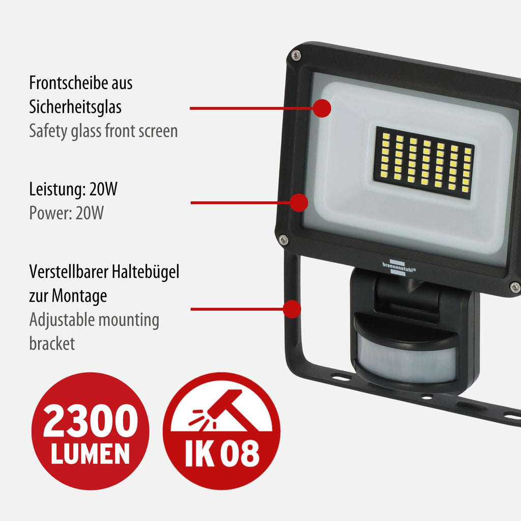 Brennenstuhl LED Strahler JARO 3060 P (LED Wandstrahler für außen IP65, 20W, 2300lm, 6500K, mit Bewegungsmelder und Dämmerungssensor)