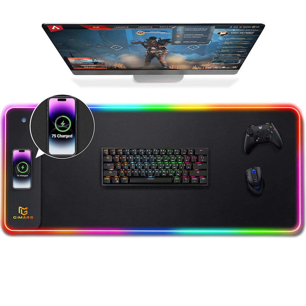 Gimars Upgrade Gaming Mauspad RGB, 15W Kabelloser Schnellladung, 800x300x5mm, Mousepad XXL mit 10 Farben LED-Licht, Groß LED Mouse Pad Gaming Zubehör mit Glatter Oberfläche, Rutschfester Gummifuß