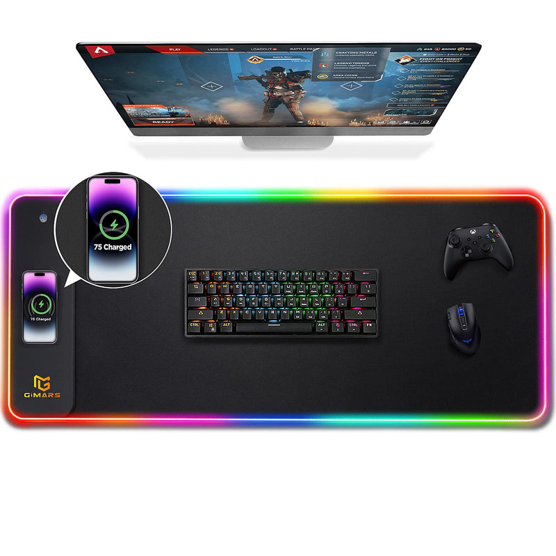 Gimars Upgrade Gaming Mauspad RGB, 15W Kabelloser Schnellladung, 800x300x5mm, Mousepad XXL mit 10 Farben LED-Licht, Groß LED Mouse Pad Gaming Zubehör mit Glatter Oberfläche, Rutschfester Gummifuß