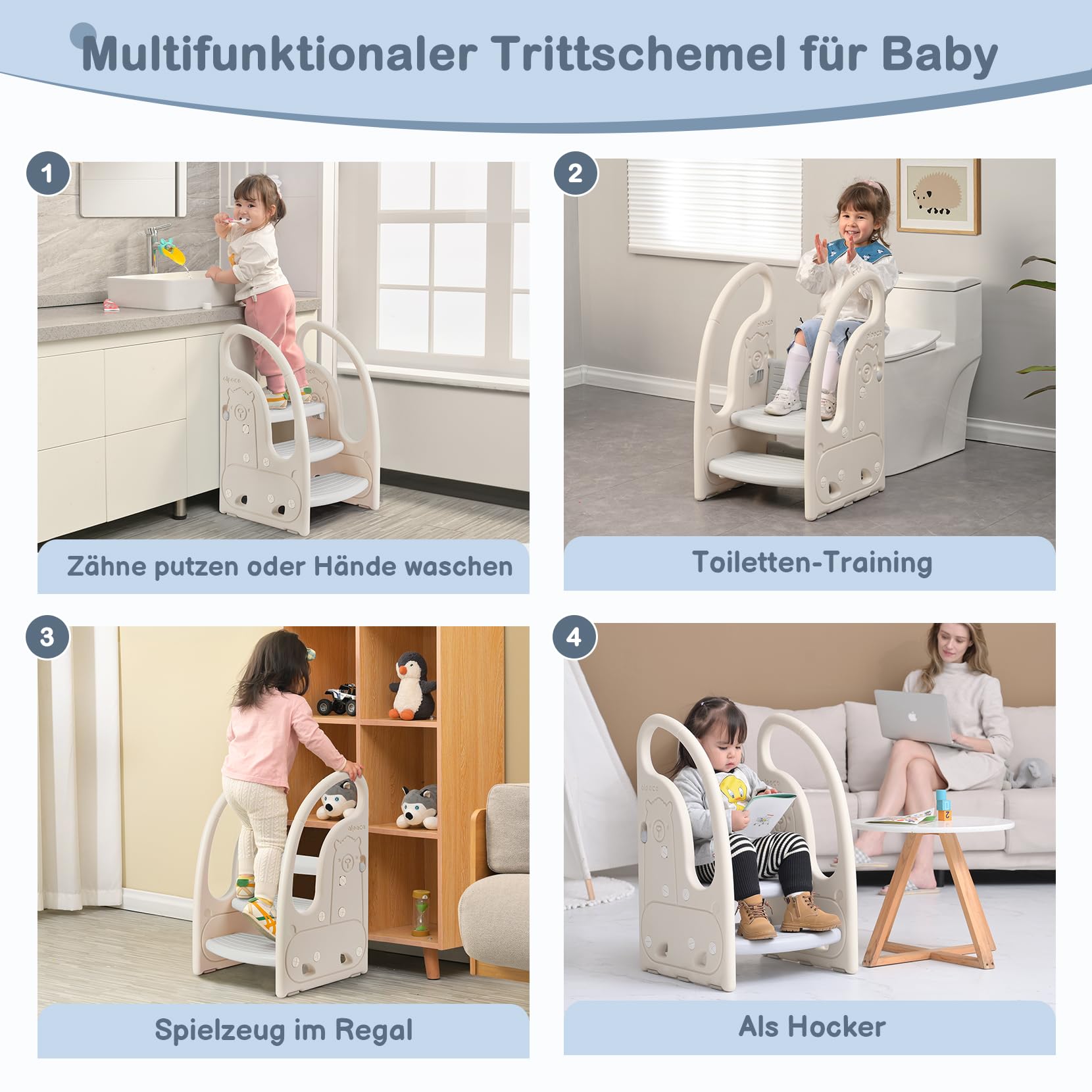 Onasti Tritthocker für Kinder, Dreistufiger Höhenverstellbar Tritt-Schemel Kinderschemel für Baby, Bequemer Handslauf, Multifunktion, Anti-Rutsch, Ab ca. 1.5 bis ca. 6 Jahre -, (Grau)