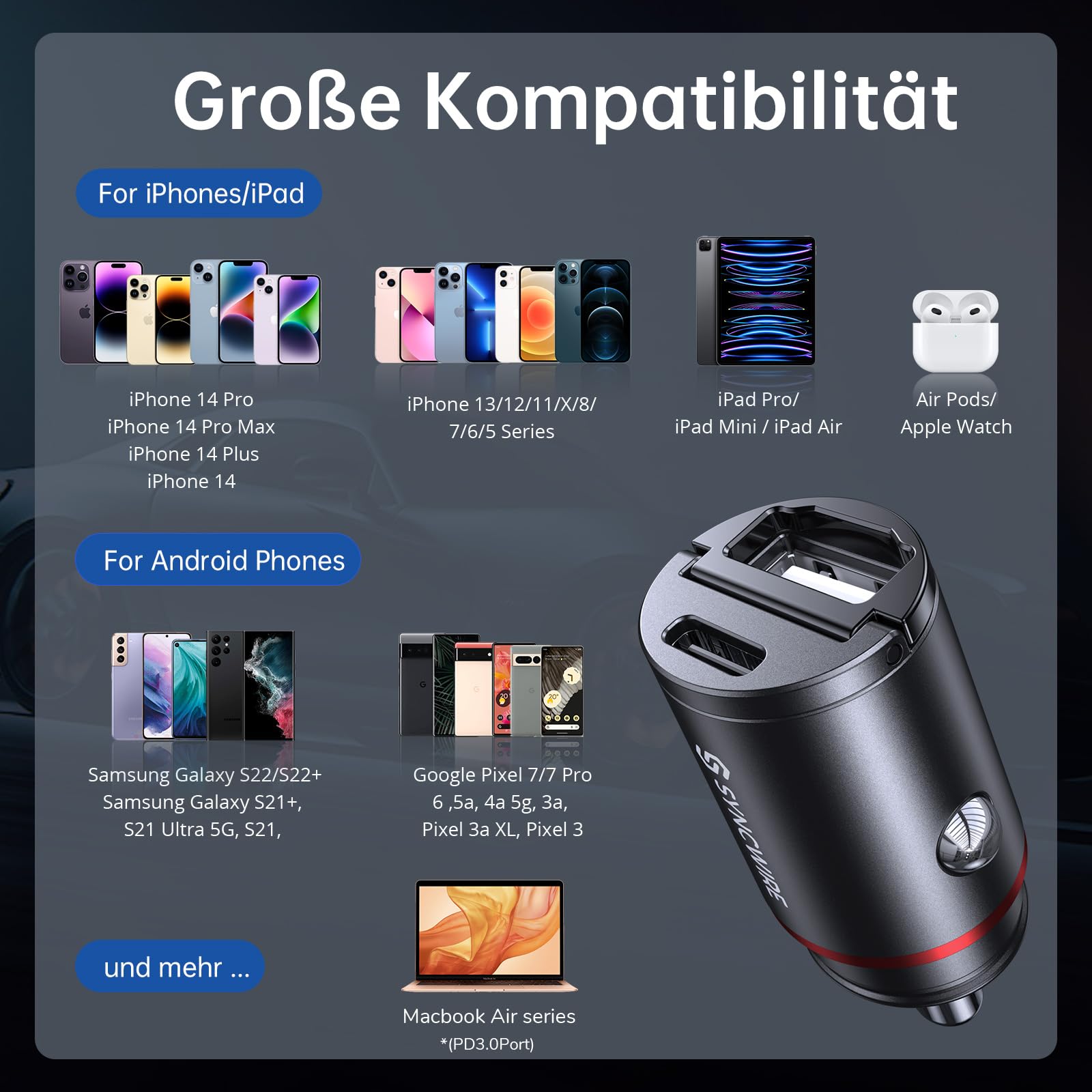 Syncwire 60W Zigarettenanzünder USB C & USB Auto Adapter [PD 3.0 & QC 3.0] Super Mini Ganzmetall KFZ Ladegerät USBC Kompatibel mit iPhone, Samsung, Huawei, Xiaomi, Google Pixel - Schwarz