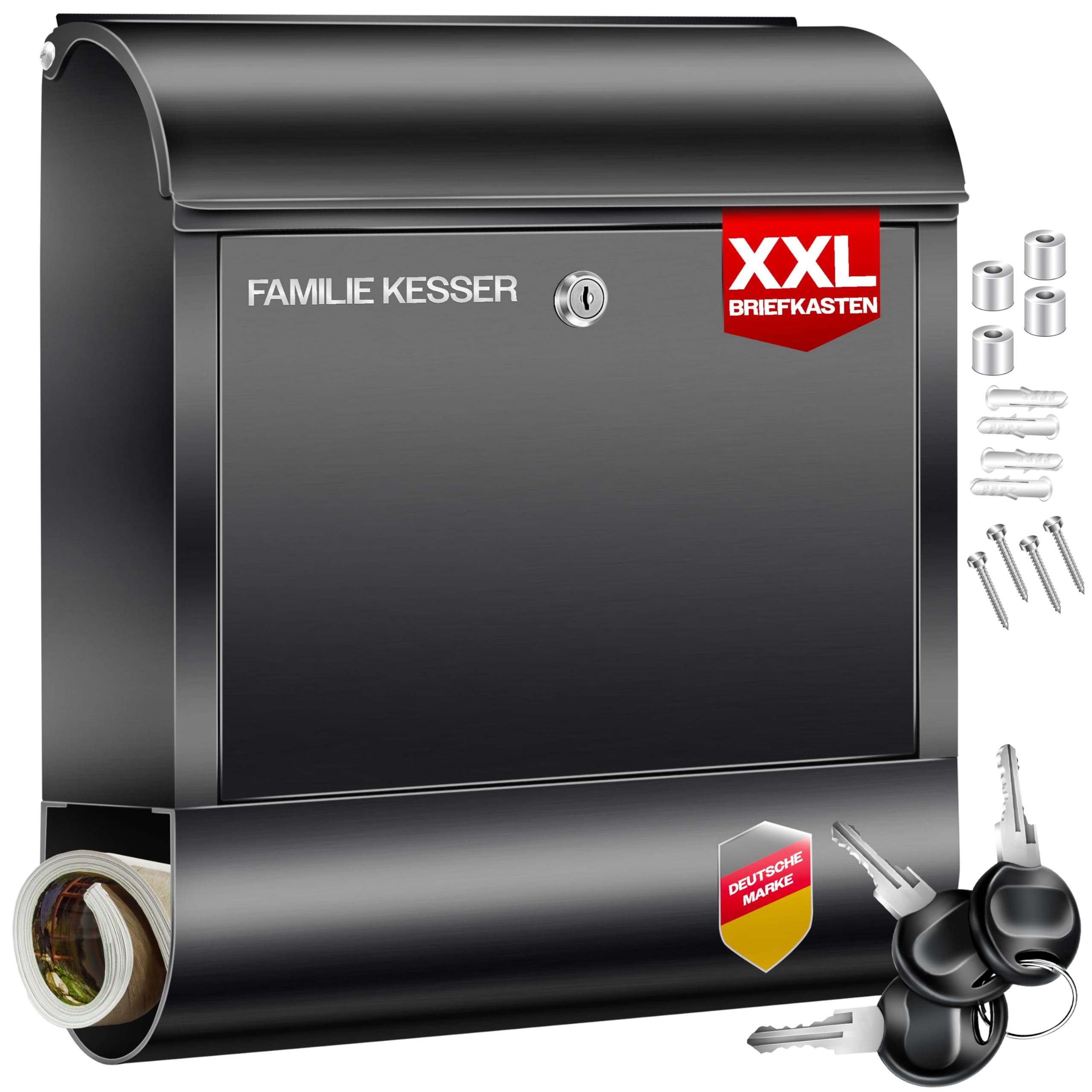 KESSER® XXL Briefkasten Edelstahl mit Zeitungsfach, gebürstet, 3X Schlüssel abschließbar, Pulverbeschichtet, Wandmontage, groß Front-Einwurf: DIN C4 = DIN A4, inkl. Montagematerial, Schwarz