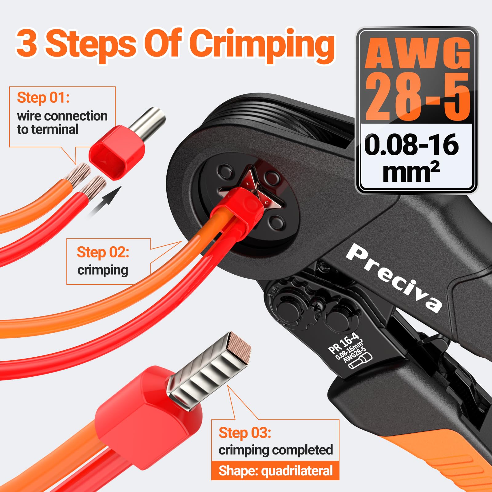 Crimpzangen Aderendhülsen Set, Preciva Crimpzange 0,08-16mm² Aderendhülsenzange mit 350 Twin und 950 Einzeilige Aderendhülsen Set für Heimwerker und industrieller Bedarf Presszange 16mm2