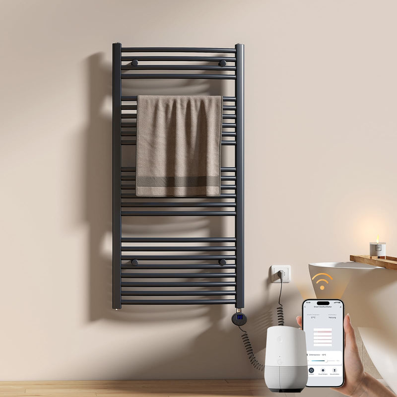 EMKE WiFi Badheizkörper Elektrisch 1200x600 mm - Gebogen Handtuchheizkörper Elektrisch, Elektrischer Handtuchtrockner Handtuch Heizkörper Bad mit Thermostat und Heizstab - 600W, Anthrazit