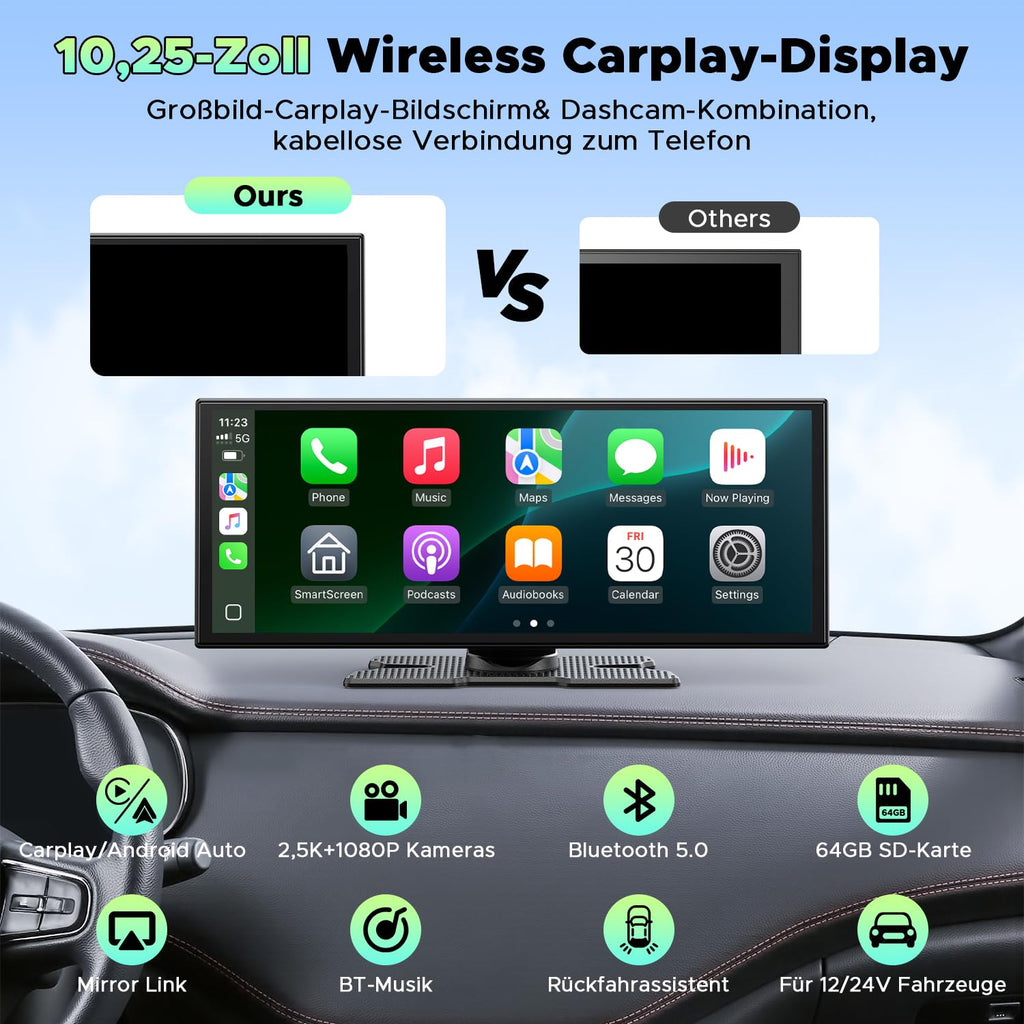 LAMTTO Wireless CarPlay Android Auto Display 10,25 Zoll In-Cell Touchscreen Car Play mit Dashcam 2.5K+1080P Sprachsteuerung Karten Navigation Bluetooth FM AUX Loop Aufnahme 64GB TF Karte