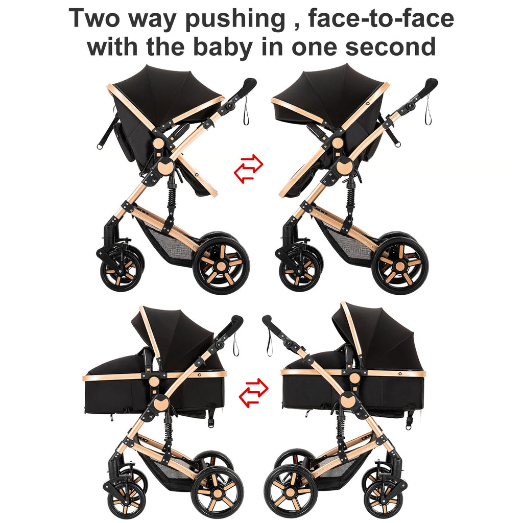 Reenborn Kinderwagen 3 in 1, Buggy mit Zwei Umkehrbaren Schiebemodi, Kinderwagen mit Rahmen Aluminiumlegierung, Babywagen 3 in 1 Komplettset mit Ein-Klick-Faltdesign Hohe Landschaft (588 Black Gold)
