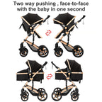 Reenborn Kinderwagen 3 in 1, Buggy mit Zwei Umkehrbaren Schiebemodi, Kinderwagen mit Rahmen Aluminiumlegierung, Babywagen 3 in 1 Komplettset mit Ein-Klick-Faltdesign Hohe Landschaft (588 Black Gold)