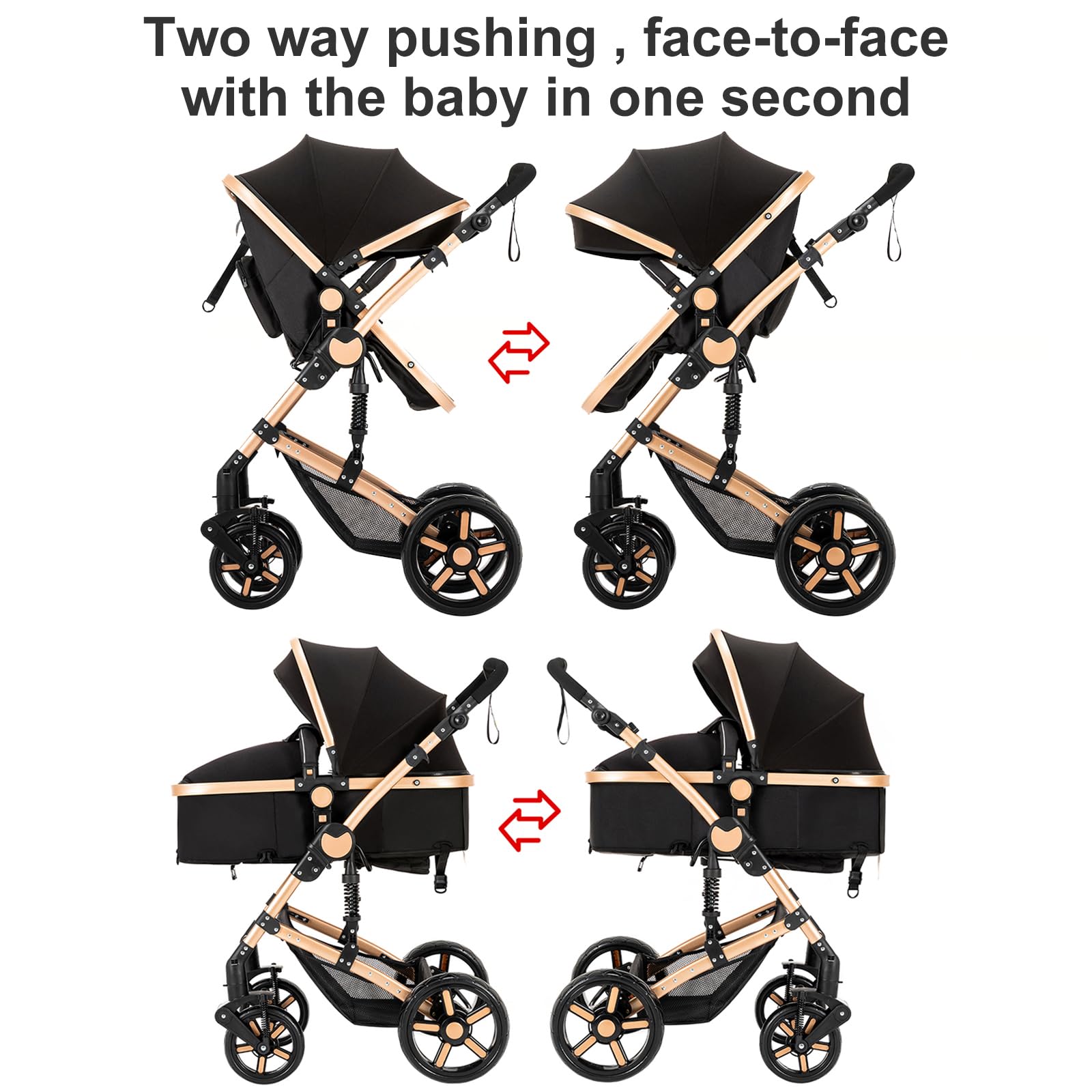 Reenborn Kinderwagen 3 in 1, Buggy mit Zwei Umkehrbaren Schiebemodi, Kinderwagen mit Rahmen Aluminiumlegierung, Babywagen 3 in 1 Komplettset mit Ein-Klick-Faltdesign Hohe Landschaft (588 Black Gold)