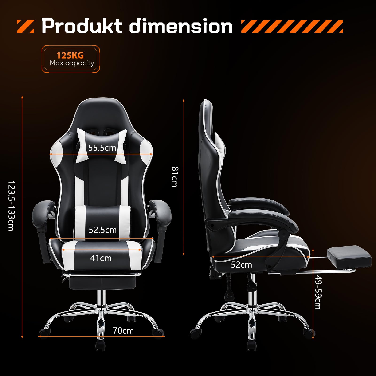 Sweetcrispy Gaming Stuhl,Ergonomischer Bürostuhl mit Fußstütze,Gamer PC Stühle mit Kopfstütze Lendenkissen,90-150° einstellbar Gaming Chair,Leder Drehbar Schreibtischstuhl Computerstuhl,Weiß