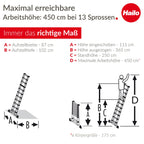 Hailo T80 FlexLine Alu-Sicherheits-Teleskopleiter - ausziehbare Anlegeleiter mit 13 Sprossen - Arbeitshöhe bis 450 cm - Gewicht 13,1 kg - Silber