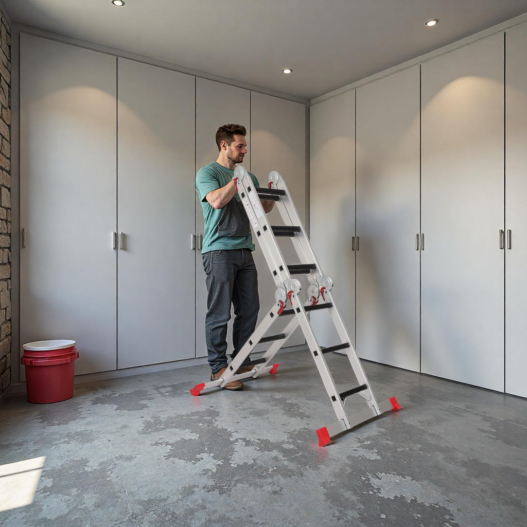 AMHANCIBLE Mehrzweckleiter, Leiter, 3.4M Aluleiter, 4 x 3 Stufen, Trittleiter, Haushaltsleiter, bis 150 kg,12 Stufen, in 6 Positionen, TÜV/GS Zertifiziert, Anti-Rutsch, Stabil und Robust EBAL01RD