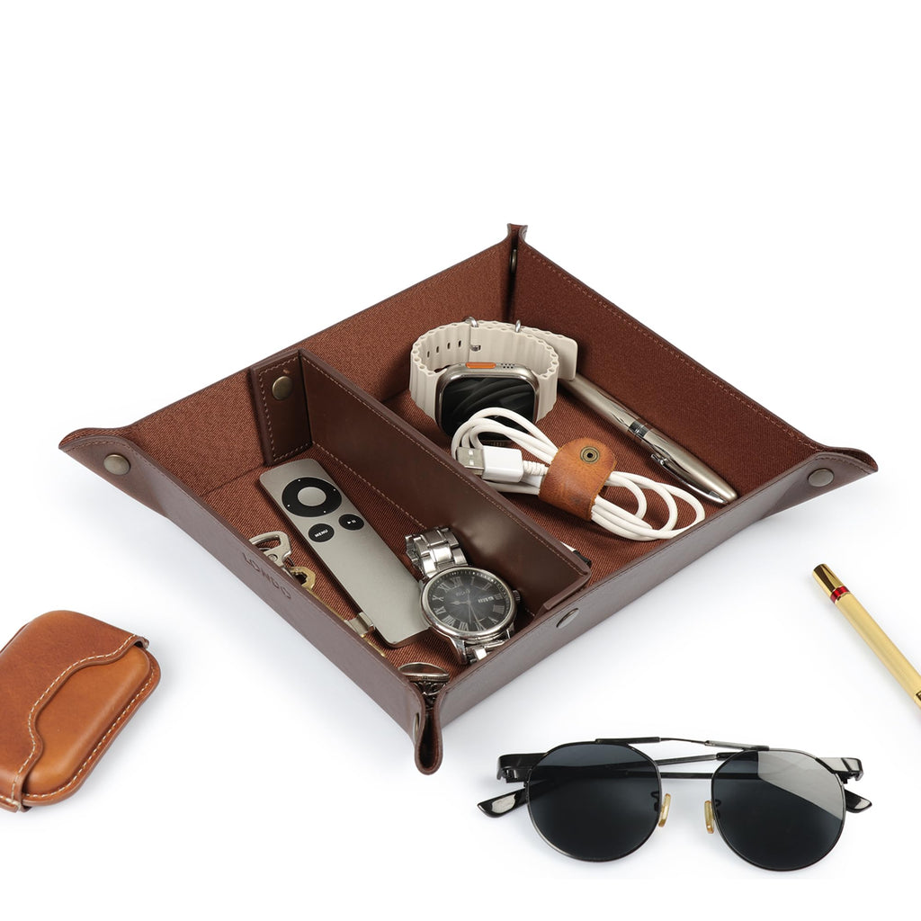 Londo Leder Taschenleerer - Vide Poche - Ledertablett Organizer, Praktische Aufbewahrungsbox - für Geldbörsen, Uhren, Schlüssel, Münzen, Handys und Büroausstattung