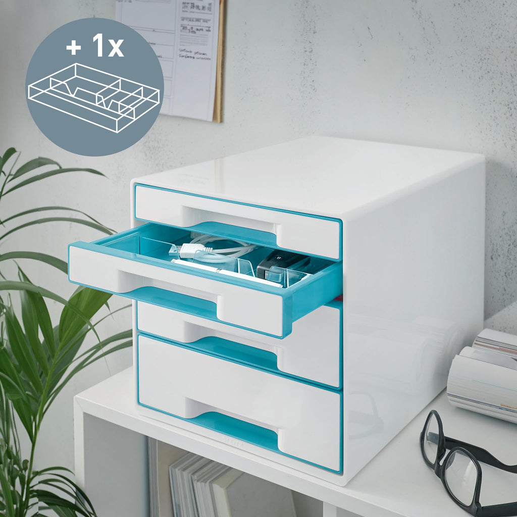 Leitz CUBE Schubladenbox mit 4 Schubladen, Weiß/Eisblau, A4, Inkl. transparentem Schubladeneinsatz, WOW, 52132036