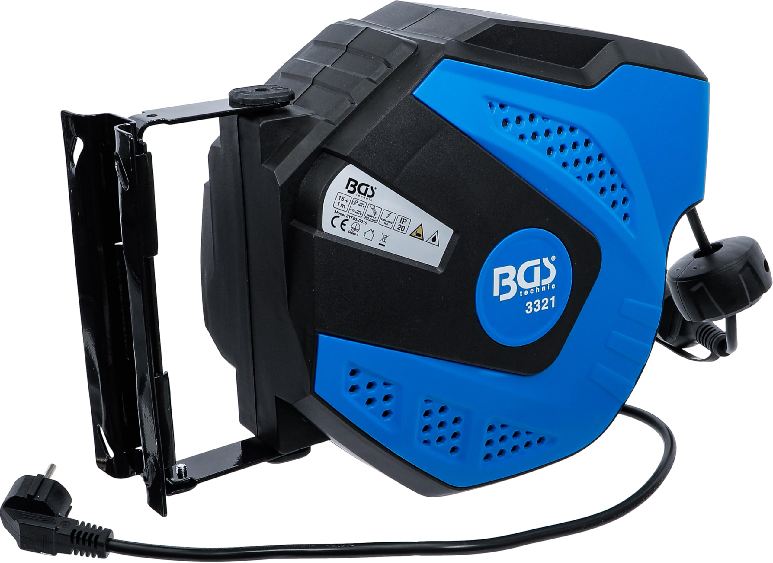 BGS 3321 | Automatische Kabeltrommel | 15 m + 1 m Zuleitung | 180° seitlich schwenkbar | inkl. Montagehalter