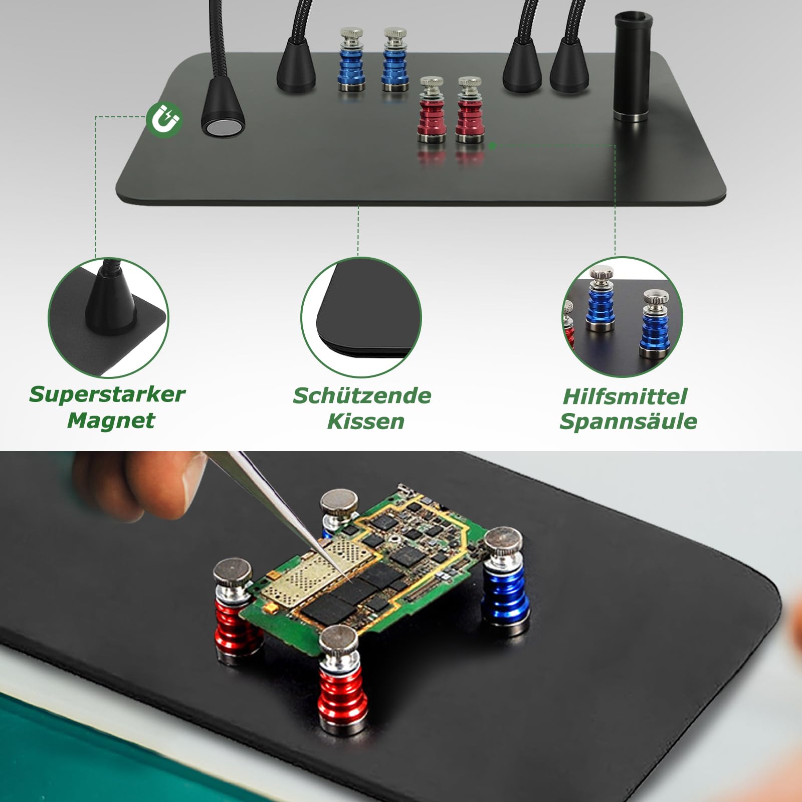 Dritte hand Löten, Magnetische Löthilfe Helfende Hand mit 10X Lupe Licht, Lötstation mit 4 PCB-Säulen 4 flexibel Arme und 1 Mechanischer Tragarm, Löthilfe für Schweißer, Schmuckhersteller, Handwerk