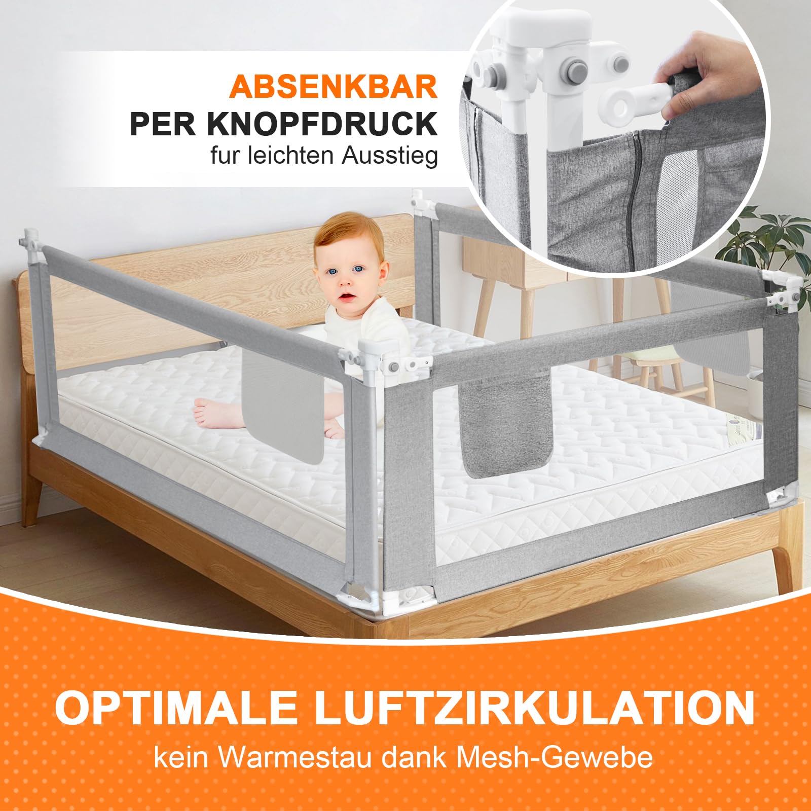 Eyeleaf Rausfallschutz für Kinder - Bettgitter grau 2M Neues Muster Rausfallschutz Bett Gitter Rausfallschutz Schutzgitter für Kinderbetten bettgitter rausfallschutz-Deutscher Aufbauanleitung