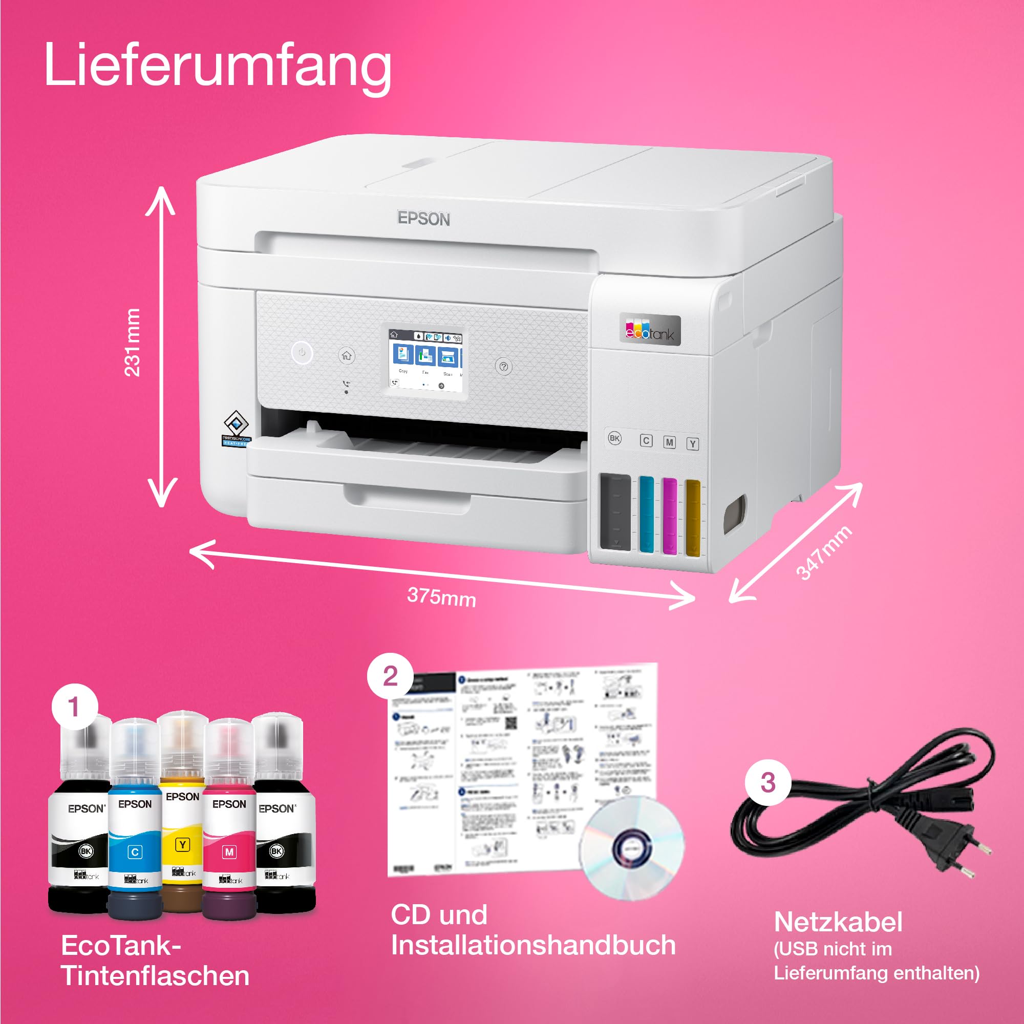 Epson EcoTank ET-4856 A4-Multifunktions-Wi-Fi-Tintentankdrucker, mit einem im Lieferumfang enthaltenen Vorrat an Tinten bis zu 3 Jahren
