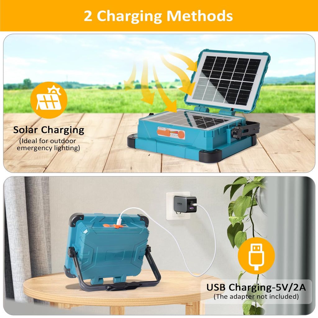 Eraylife LED Baustrahler Akku 100W mit Doppeltem Solarpanel, Tragbare LED Strahler Akku 12000mAh, 5 Modi/ 288 LEDs/ IP66/ Abstimmbar Arbeitsleuchte für Notfälle, Baustelle, Garage, Camping