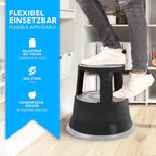 Floordirekt Rollhocker, Tritthocker, Elefantenfuß - Hocker aus Stahl bis 150kg Tragkraft für Büro oder Gewerbe - TÜV + GS geprüft (Schwarz, Metall)