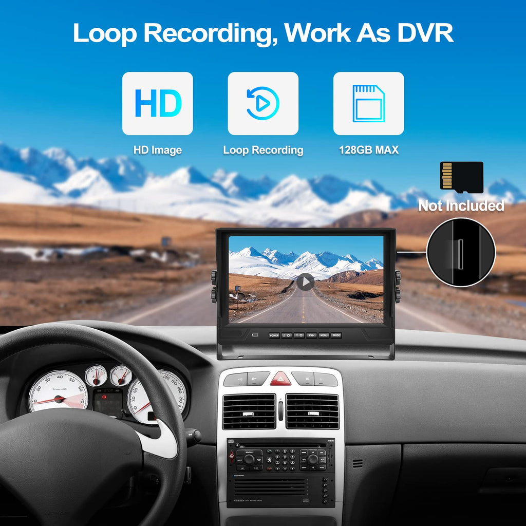 CAMECHO RV Rückfahrkamera Set 4 Kameras Set,Videoaufzeichnung 9 Zoll LCD Monitor DVR+4 Geteilte Rück und Vorder Kamera, Weitwinkel, IP68 wasserdicht, 18IR Nachtsicht, für LKW/Anhänger/Bus/Van 12V-35V