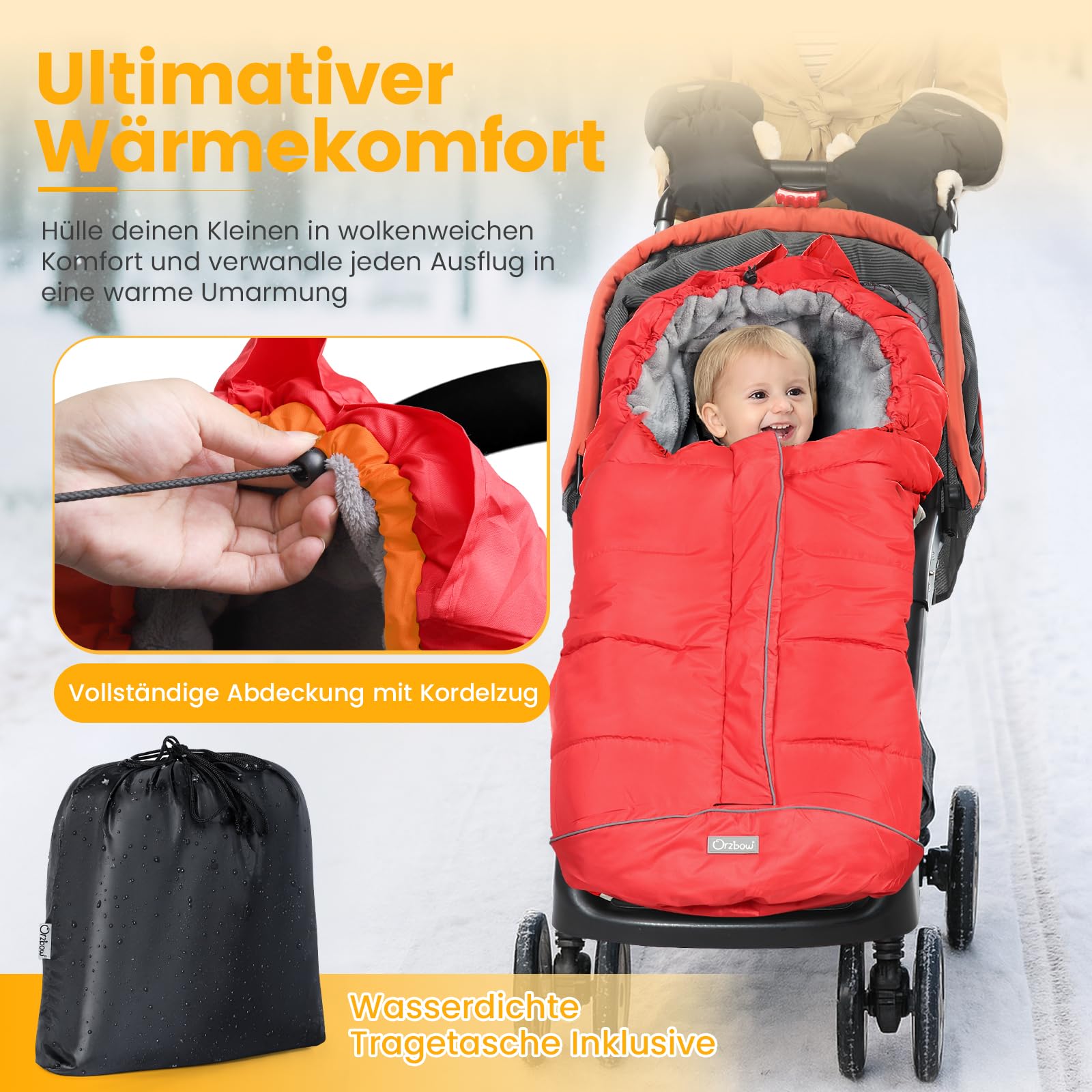 Orzbow Fußsack Kinderwagen Winter, Fußsack Buggy Fusssack Kinderwagen Baby Winter mit Wamres Korallen-Fleece, Reißverschluss, Anti-Rutschschutz & Reflektorstreifen, Universelle & Wasserdicht, Rot