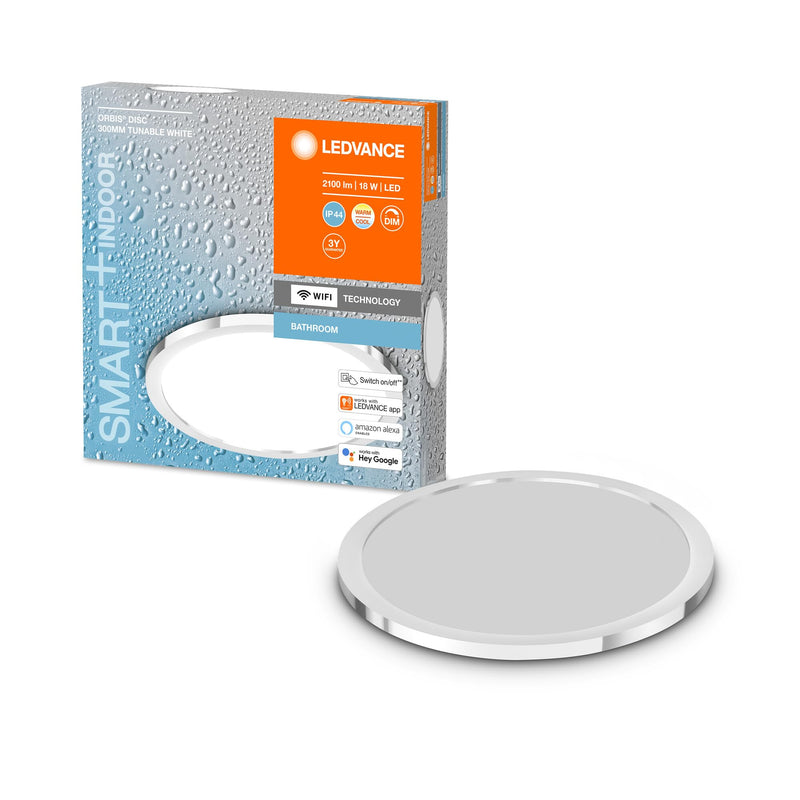 LEDVANCE Smart LED Badezimmerlampe Chrome, 18W, 2100LM, 3000-6500K, 30cm, IP44, Orbis Disc Wandleuchte, Badezimmerleuchte mit Wifi Technologie, dimmbar, steuerbar über App und Sprachassistenten