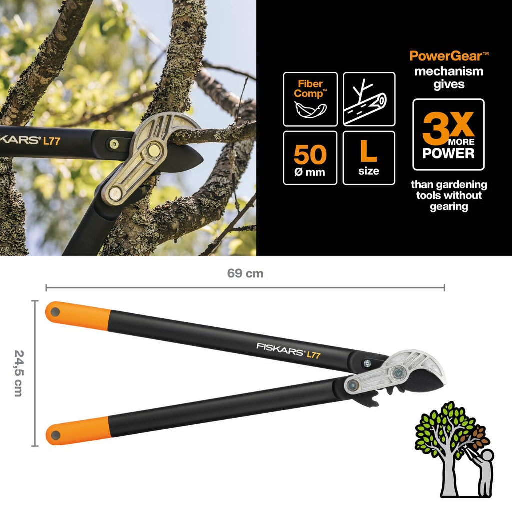 Fiskars PowerGear Amboss-Getriebeastschere für trockene Zweige und Äste, Schneide und stumpfes Gegenstück, Antihaftbeschichtet, Gehärteter Präzisionsstahl, Länge: 69 cm, Schwarz/Orange, L77, 1000583