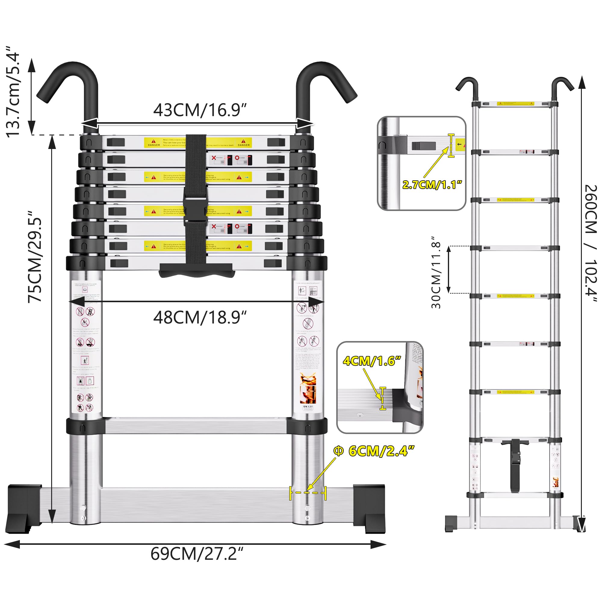 SIMPDIY 2,6M Teleskopleiter, Aluleiter ausziehbar mit Stabilisator, Leiter Ausziehbar mit Haken, 9 Sprossen, für Hause, Wohnmobil und Freien, Tragkraft 150 kg