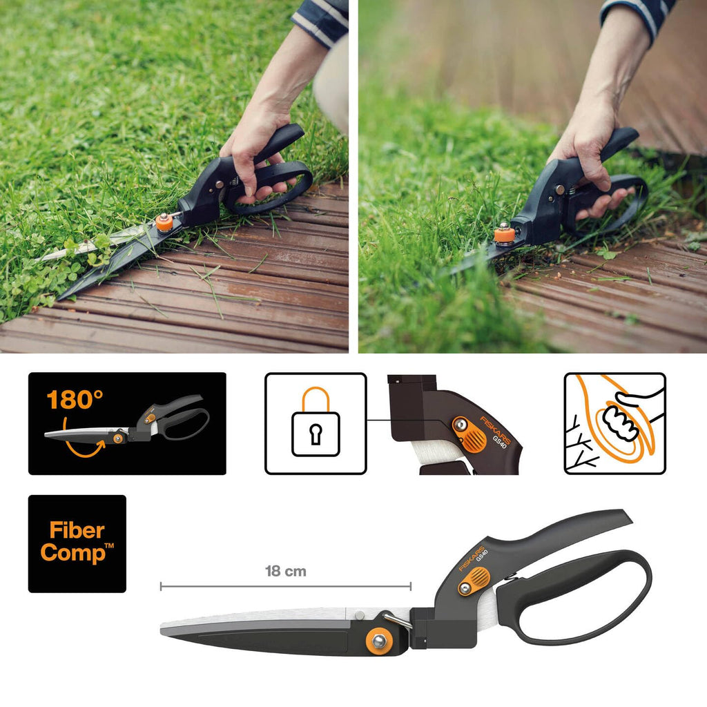 Fiskars Rasenkantenschere GS40, Einstellbarer Schneidewinkel (180°), Länge: 35,5 cm, Stahl/Kunststoff, Schwarz/Orange, SmartFit, 1023632